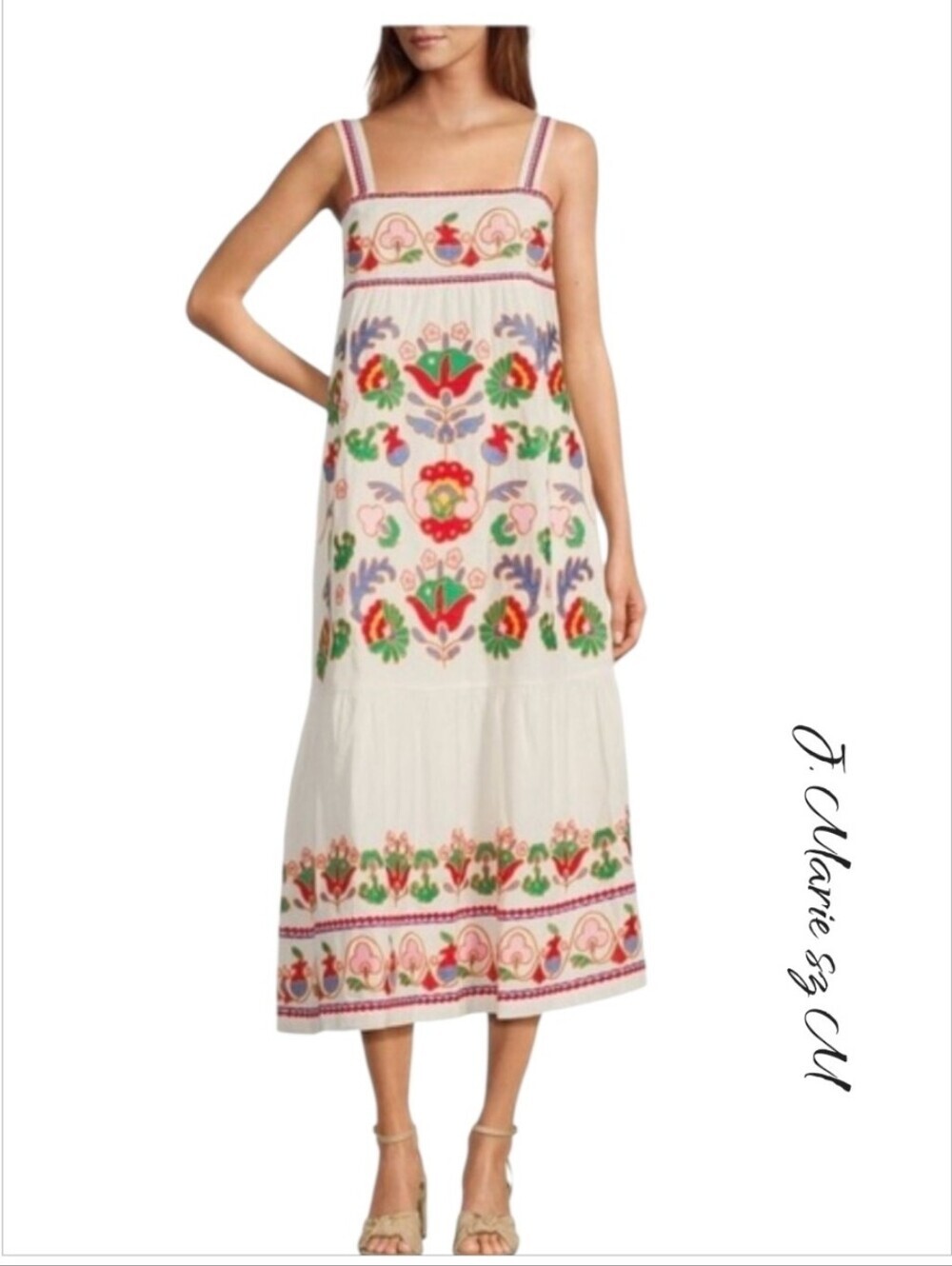 J.Marie Landon Embroidered Floral Midi Dress White Multi M NWT